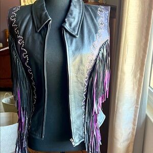 Chic Black and Purple Fringe Leather Jacket